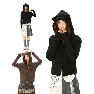 Double L2 白色奶fufu猫耳朵毛衣外套女秋冬修身短款连帽针织开衫