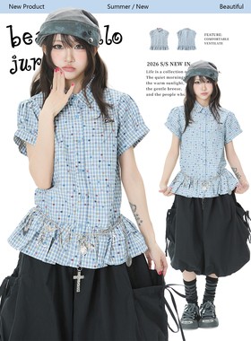 Double L2 复古蓝色格子短袖衬衫女夏学院风收腰翻领衬衣绝美上衣