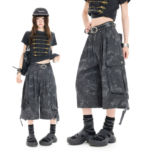 Double L2 美式复古迷彩工装七分裤女街头宽松百搭休闲阔腿中裤子