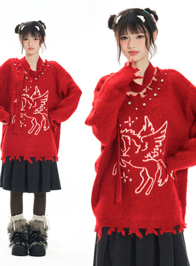 Double L2 复古设计感露肩红色毛衣女新年氛围感宽松慵懒针织衫潮