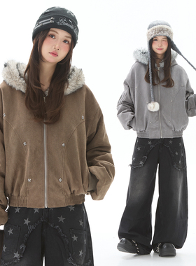 Double L2 美式复古毛领加厚连帽棉服外套女冬慵懒风保暖加厚棉衣