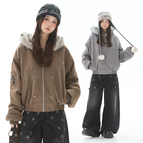 美式复古毛领加厚连帽棉服外套女