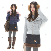 美式 Double 复古星星印花毛领连帽短棉衣女冬宽松保暖收腰外套