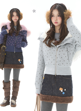 Double L2 美式复古星星印花毛领连帽短棉衣女冬宽松保暖收腰外套