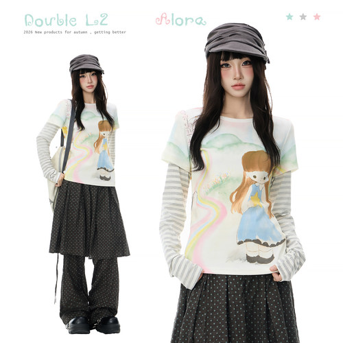 Double L2  亚萌感卡通印花条纹假两件长袖T恤女y2k正肩显瘦上衣