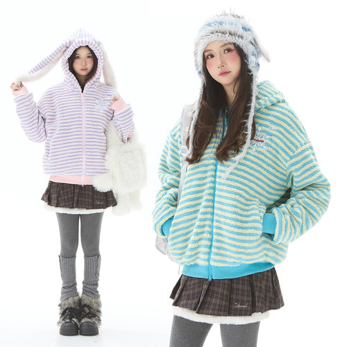 条纹羊羔绒连帽棉服外套女冬季