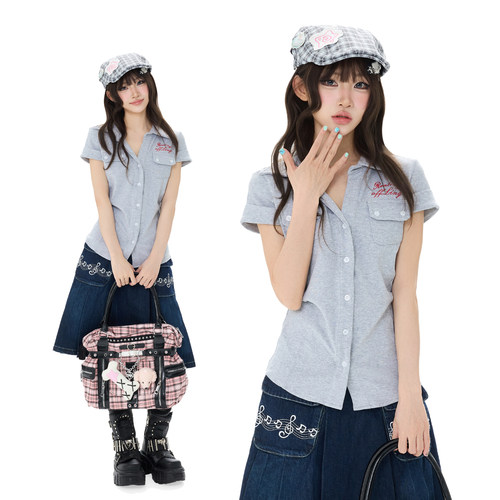 Double L2 美式复古POLO领短袖T恤女学院风字母印花修身显瘦上衣