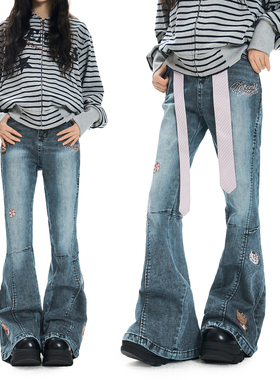 Double L2 美式卡通Kitty猫刺绣微喇叭牛仔裤女显瘦高腰拖地长裤