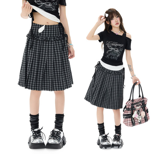 Double L2 韩系灰色格纹a字半身裙女木耳边拼接休闲松弛百褶裙子