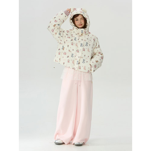 美式趣味小狗印花连帽棉服女
