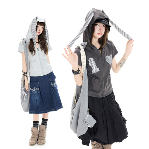 Double L2 韩系少女爱心贴布兔耳连帽短袖t恤女修身显瘦开衫上衣