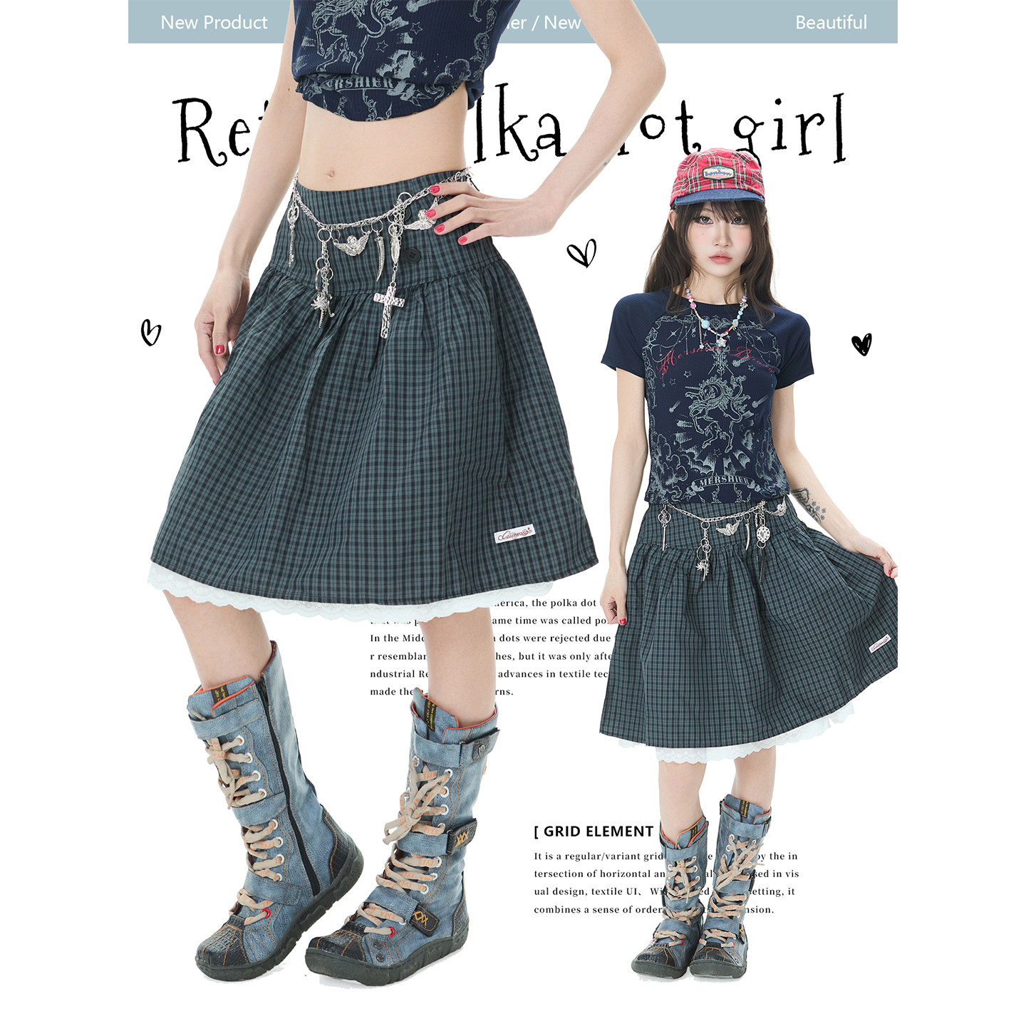 Double L2 韩系复古格纹蕾丝拼接中裙女2026年新款高腰显瘦半身裙