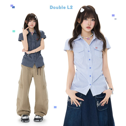 Double L2 美式复古格子翻领短袖衬衫女修身收腰显瘦百搭通勤衬衣