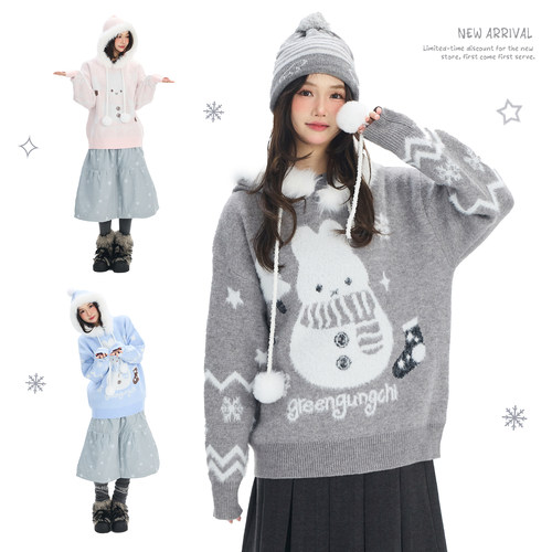 圣诞雪人连帽毛绒绒针织毛衣女