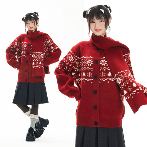 新年氛围感费尔岛提花红色毛衣女