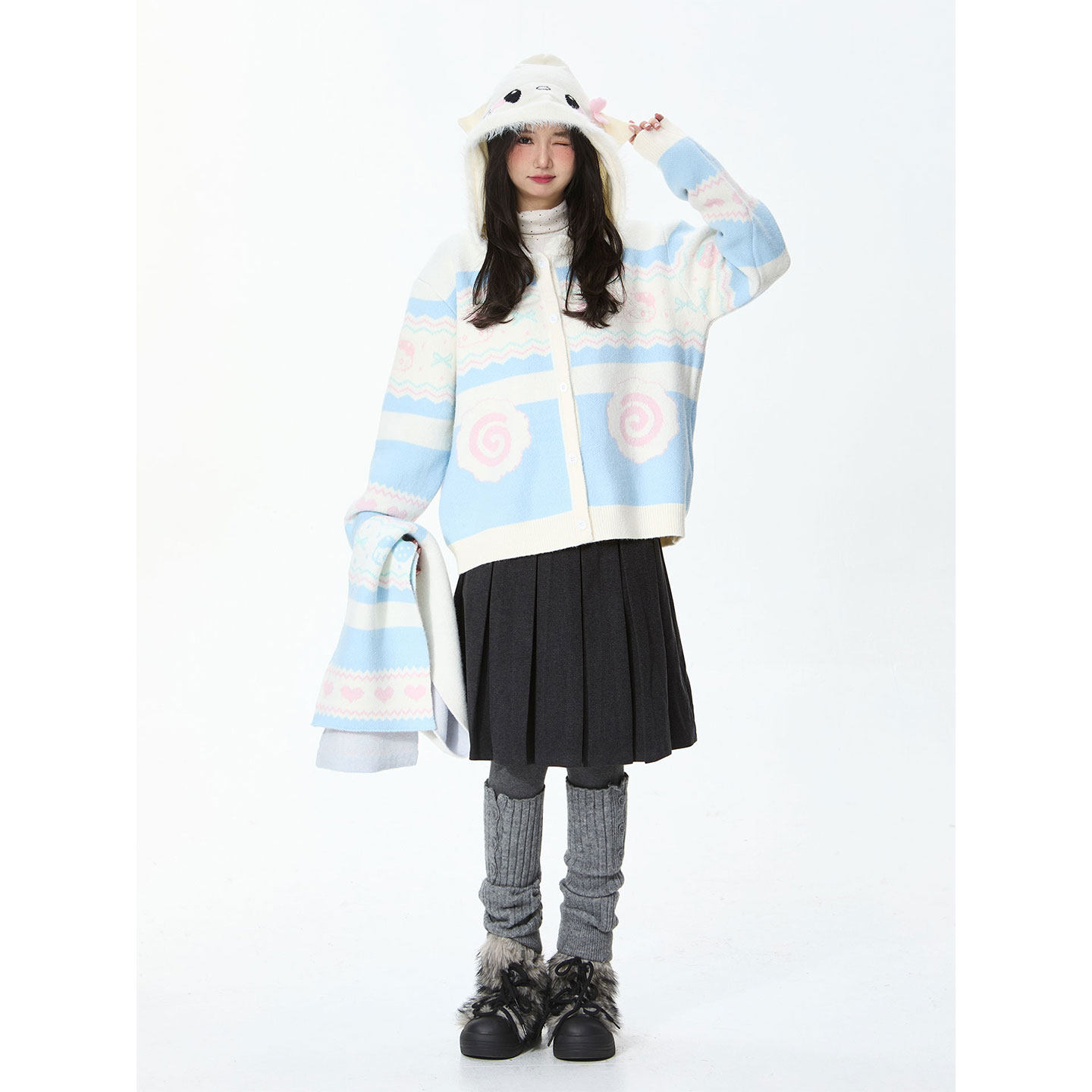 Double L2甜美Kitty费尔岛毛衣女带围巾连帽软糯针织开衫秋冬外套