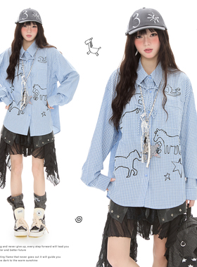 Double L2 美式趣味小马涂鸦长袖格子衬衫女休闲宽松百搭衬衣外套