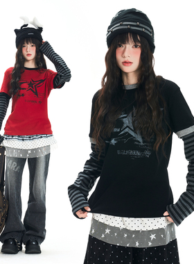 Double L2 美式撞色印花条纹假两件长袖T恤女宽松显瘦打底衫上衣