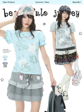 Double L2 星星木马泡泡袖短袖t恤女夏季新款修身显瘦短款上衣ins