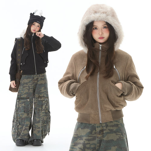 美拉德复古连帽加绒棉服外套女