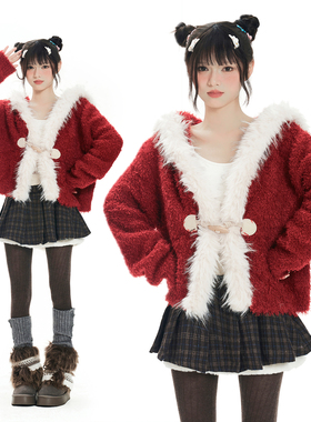 Double L2 新年氛围感毛领连帽红色毛衣女毛绒软糯宽松棉服外套潮