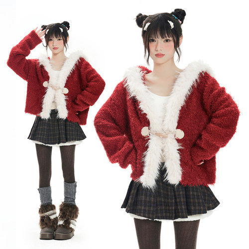 新年氛围感毛领连帽红色棉服外套