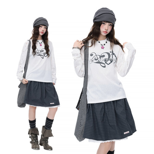 Double L2 韩系少女波点音符长袖T恤女轻薄透气圆领防晒罩衫上衣