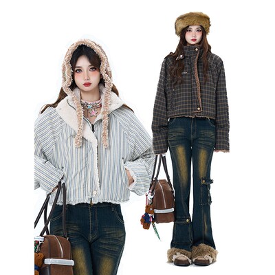 Double L2 美式复古双面穿羊羔绒加厚棉服女设计感格纹短款棉衣潮