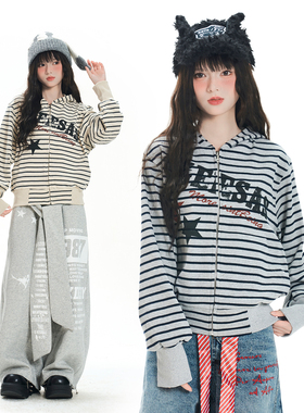 Double L2 美式复古字母印花条纹连帽卫衣女新款宽松休闲长袖外套