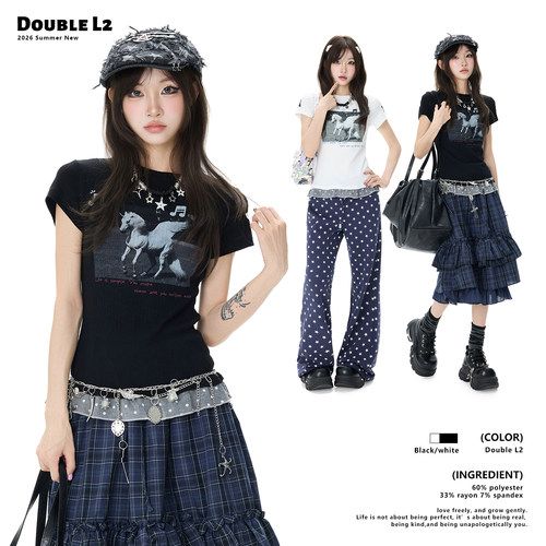 Double L2 少女独角兽音符短袖T恤女夏花边下摆修身显瘦短款上衣