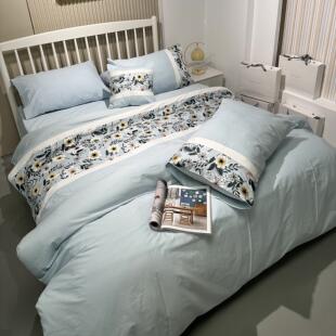 EASY家纺烟灰蓝外贸斜纹纯棉被套四件套花团锦簇百合刺绣花高档