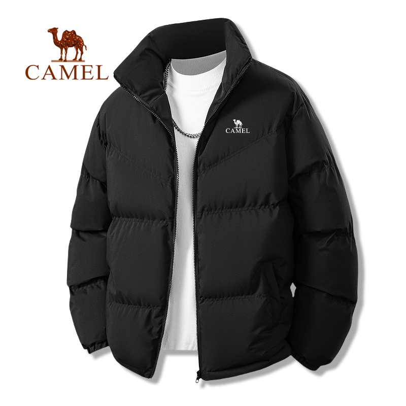 骆驼羽绒丝绵男士短款棉衣冬季加厚保暖外套黑色保暖立领面包服