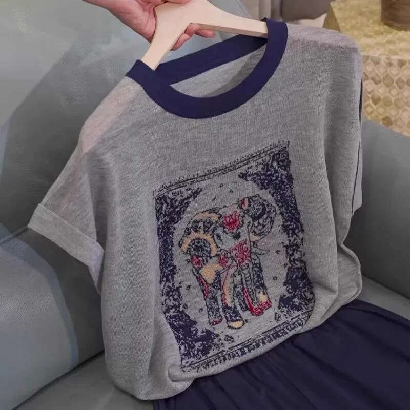 欧洲站春夏宽松显瘦别致上衣莱赛尔雪花棉大象印花潮牌短袖T恤女