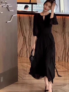 欧洲站春款法式赫本风黑色连衣裙女夏装洋气质收腰减龄雪纺长裙子
