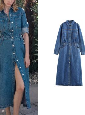 ZA 25秋季新品女装简约风排扣饰翻领长袖牛仔迷笛连衣裙 1879225