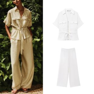 ZA 游猎装式翻领衬衫2273957 2273847 绉布宽腿裤2116847 2116957