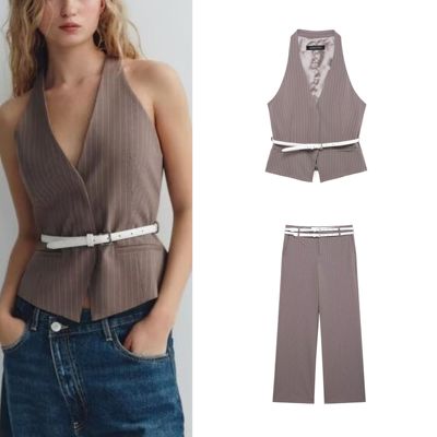 ZA 春夏新款女装配腰带背心式上衣2010812 双腰带条纹裤子6929403