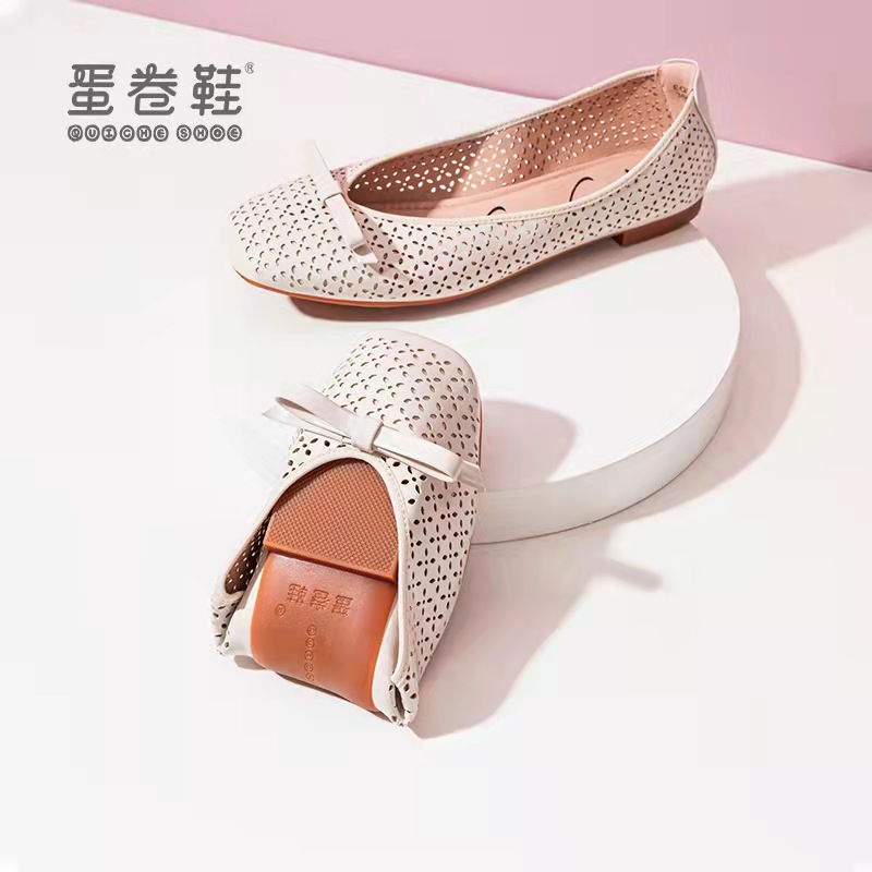 Quicheshoes/蛋卷鞋2024夏新品方头蝴蝶结冲孔镂空平底鞋EQS-2059