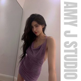 AMYJ 性感钻链挂脖露背闪闪褶皱辣妹显瘦包臀短裙连衣裙 时尚
