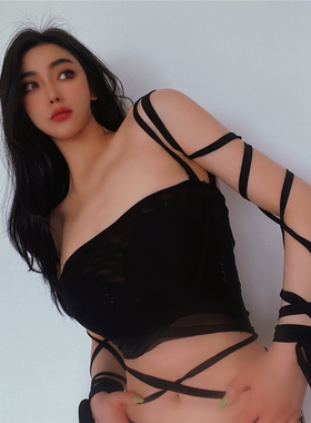 AMYJ 2021夏季新款纯色网纱透视露脐性感时尚绑带抹胸吊带背心