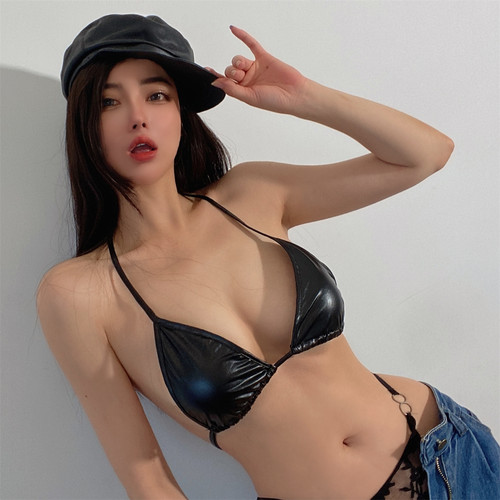 pu皮露背纯色挂脖系带性感