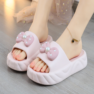 百搭防滑一字拖松糕凉拖 夏外穿珍珠蝴蝶结时尚 厚底拖鞋 女2023新款