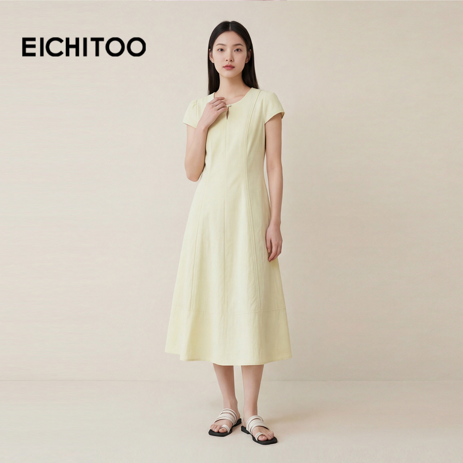 爱居兔浅绿清新简约连衣裙2026年夏季新款女优雅舒适收腰显瘦长裙