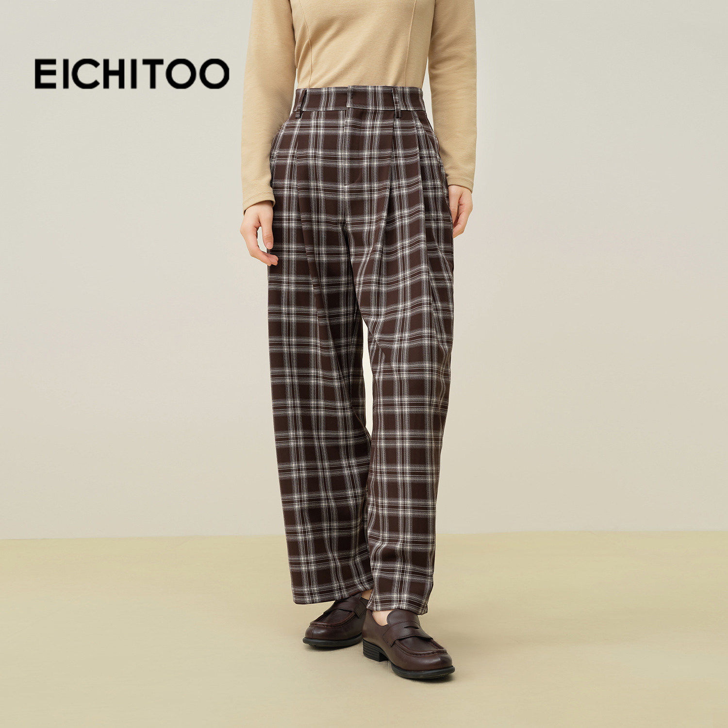 爱居兔高腰格纹宽松休闲裤女2025年秋季新款时尚气质垂顺哈伦裤