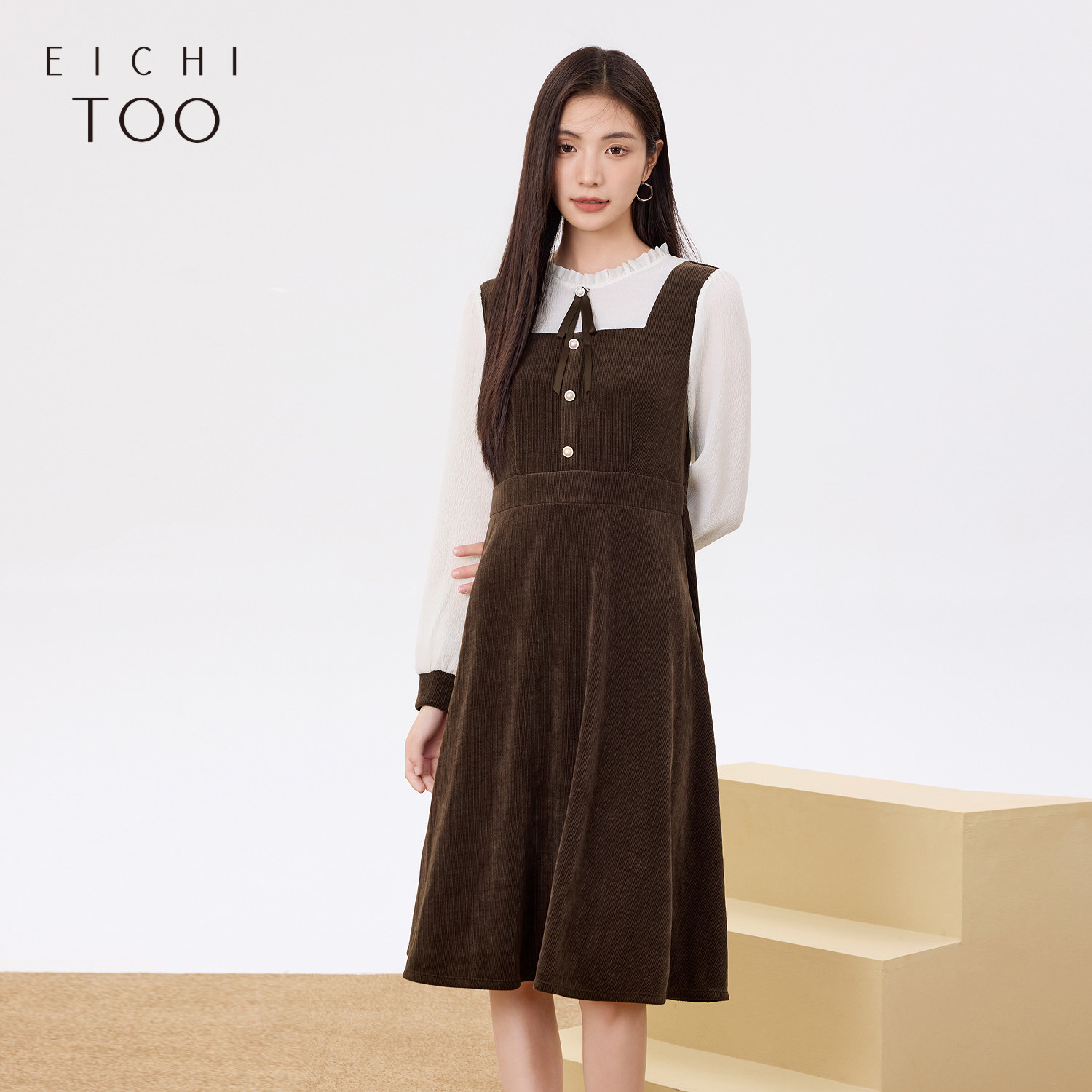 爱居兔法式复古拼接连衣裙春秋新款收腰显瘦长裙