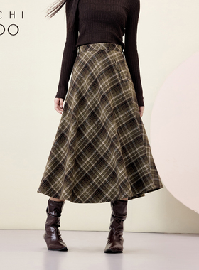 爱居兔经典格子半身裙女冬季新款复古英轮风a字裙长裙子