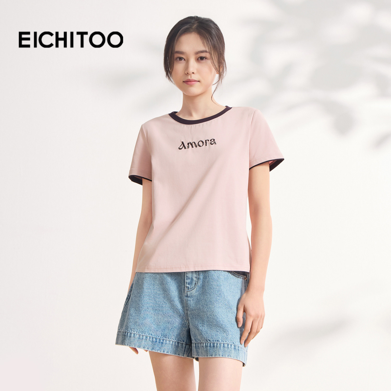 爱居兔撞色圆领粉T恤2026年夏季新款女甜美活力绣花短袖上衣