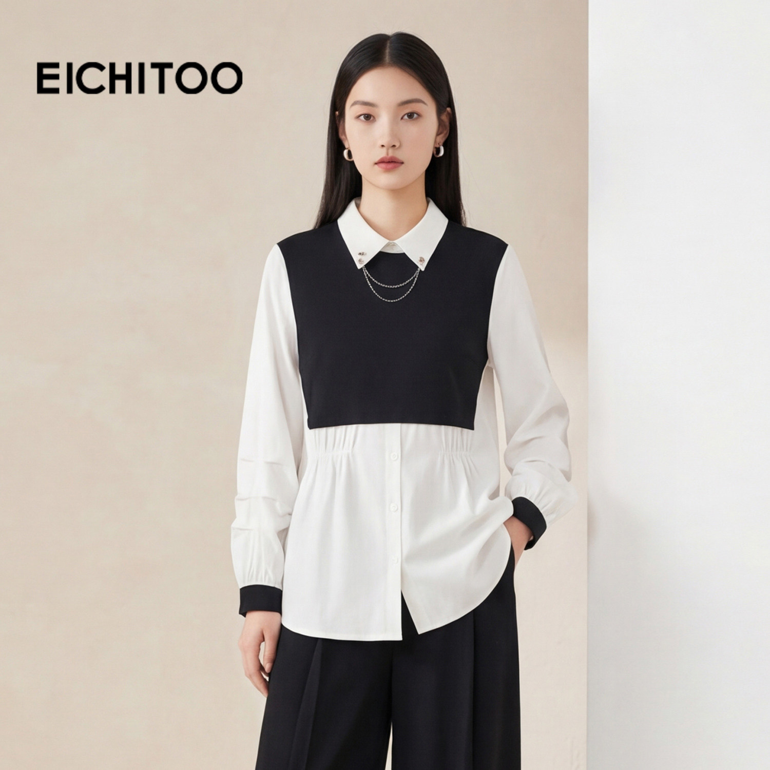 爱居兔黑白撞色设计感长袖衬衫女2026年春季新款翻领雪纺衫上衣