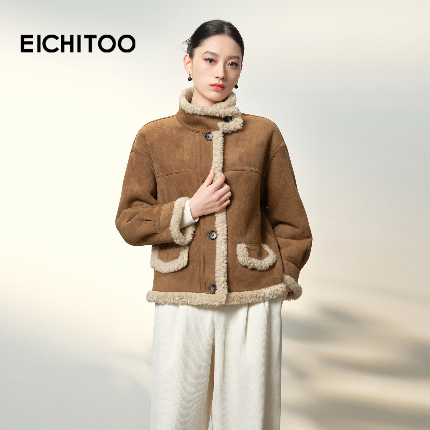 爱居兔立领保暖皮毛一体短外套2025年冬季新款女减龄复古夹克外套,女装/女士精品,短外套,淘宝优惠券,粉丝福利购,淘宝优惠卷