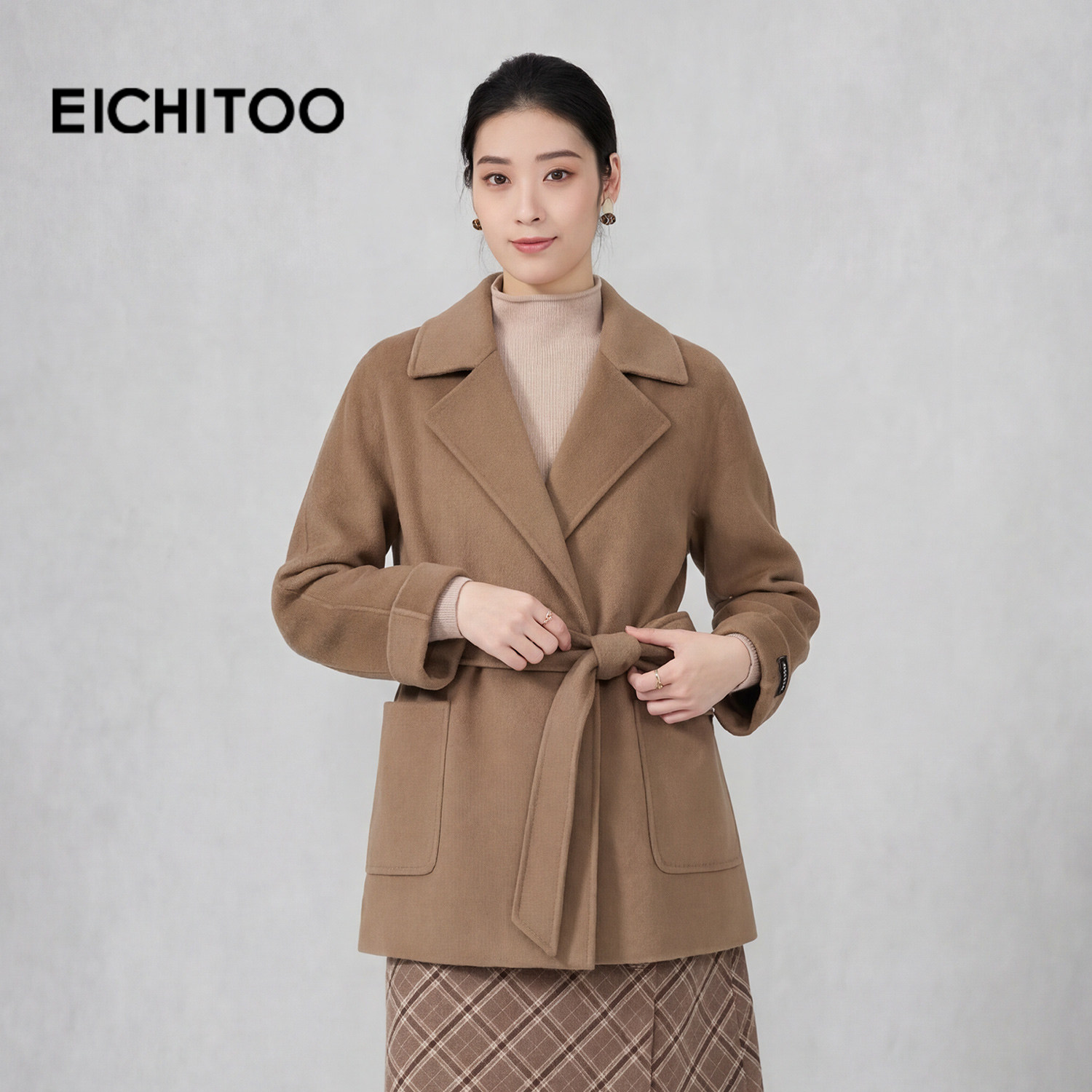 爱居兔气质优雅双面呢大衣2025年冬季新款女系带绵羊毛冬毛呢外套